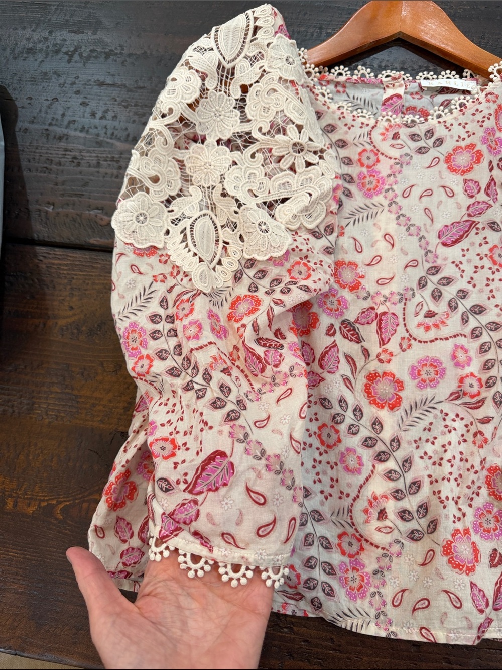 Karlie Boho Floral Paisley Lace Puff Sleeve Blouse M Pink - Picture 2 of 15